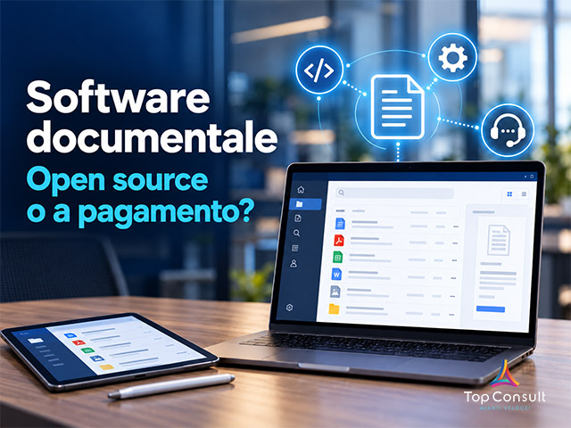 Software documentale su laptop e tablet con icone di codice, configurazione e assistenza